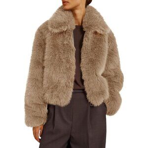 Women's Faux Fur Coat Winter Shaggy Casual Oversized Lapel Jackets Warm Khaki
